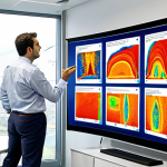 A confident fluid dynamics engineer, standing in a bright, modern engineering office, points to a large holographic display showcasing a detailed Computational Fluid Dynamics (CFD) simulation of an optimized smart water management system for a rapidly expanding city (like those found in Spain or Mexico). The image conveys mastery, practical application, and the ability to solve complex real-world problems. Professional, analytical, high-tech, focus on data visualization and a problem-solving mindset.
