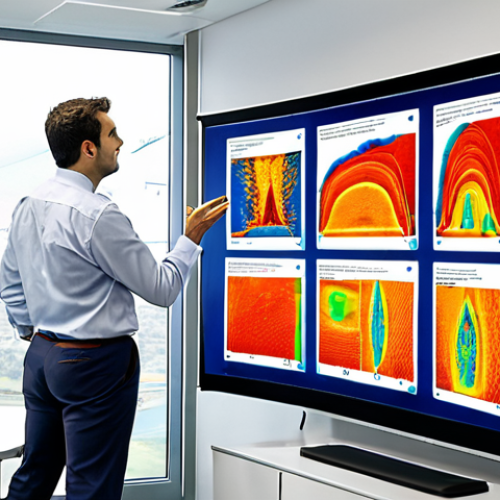 Home 18 A confident fluid dynamics engineer, standing in a bright, modern engineering office, points to a large holographic display showcasing a detailed Computational Fluid Dynamics (CFD) simulation of an optimized smart water management system for a rapidly expanding city (like those found in Spain or Mexico). The image conveys mastery, practical application, and the ability to solve complex real-world problems. Professional, analytical, high-tech, focus on data visualization and a problem-solving mindset.