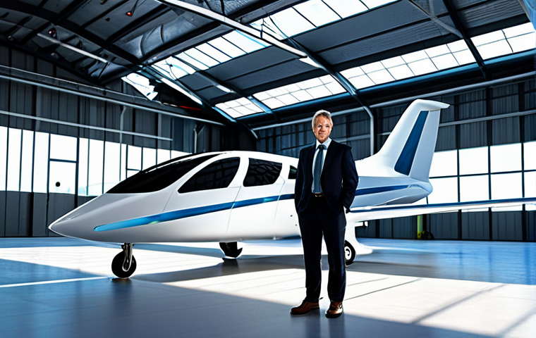 A professional engineer in modest, modern work attire, standing confidently beside a sleek, futuristic hybrid-electric aircraft inside a sunlit, state-of-the-art aviation research facility. The aircraft features innovative distributed electric propulsion systems. The atmosphere is clean and high-tech, showcasing the future of sustainable flight. High-resolution photography, professional digital art, realistic rendering, fully clothed, appropriate attire, professional dress, safe for work, appropriate content, perfect anatomy, correct proportions, natural pose, well-formed hands, proper finger count, natural body proportions, professional, family-friendly.