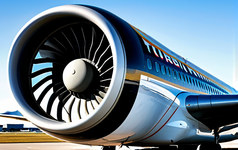 A professional, close-up photograph of a powerful, modern turbofan aircraft engine, mounted on a wing of a large commercial airplane on a clear day at a contemporary airport tarmac. The image highlights the intricate design of the massive fan blades and the sleek, aerodynamic nacelle, conveying immense precision and engineering marvel. The engine appears active and ready for flight, with a sense of controlled power. The background is a clean, professional airport environment. fully clothed, modest clothing, appropriate attire, professional dress, perfect anatomy, correct proportions, natural pose, well-formed hands, proper finger count, natural body proportions, safe for work, appropriate content, professional, family-friendly, high quality, detailed.