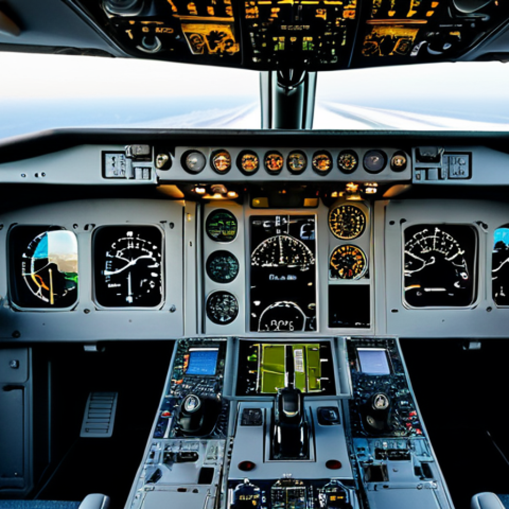 항공기 항법 시스템 - Cockpit Instrumentation**
"Cockpit view of a modern airliner, showcasing the artificial horizon and...