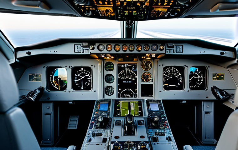 항공기 항법 시스템 - Cockpit Instrumentation**
"Cockpit view of a modern airliner, showcasing the artificial horizon and...