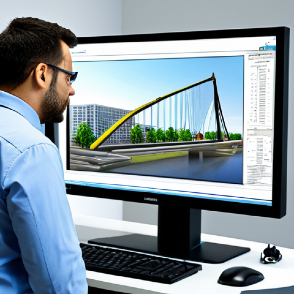 CAD CAE 소프트웨어 - Structural Analysis**
"A civil engineer in appropriate attire, inspecting a bridge design displayed...