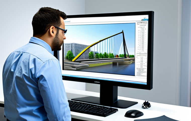 CAD CAE 소프트웨어 - Structural Analysis**
"A civil engineer in appropriate attire, inspecting a bridge design displayed...