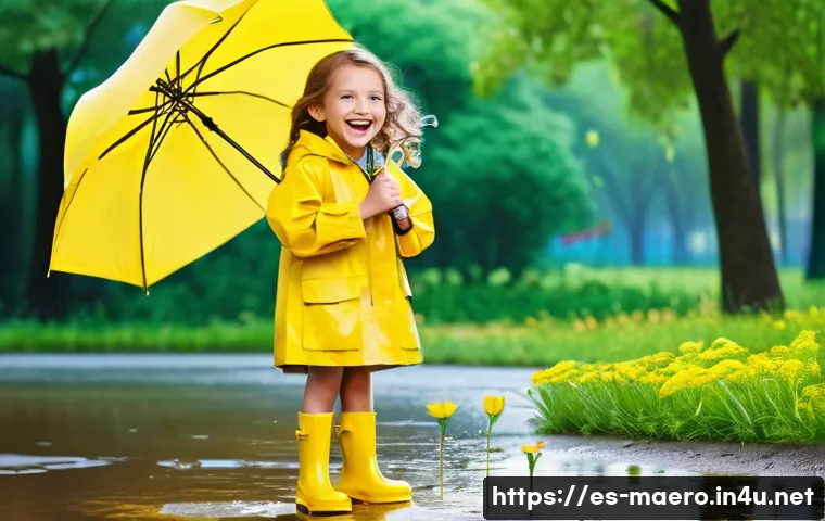항공기 공력 설계 - **Prompt:** "A young girl, around 7 years old, is wearing a bright yellow raincoat and matching rain...