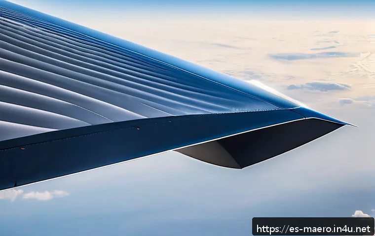 항공기 설계의 기초 - A detailed close-up illustration of an advanced aircraft wing design showcasing a sleek, supercritic...
