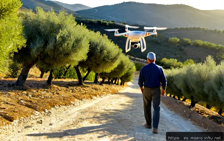 Home 30 무인 항공기 드론 - Photorealistic civilian quadcopter drone hovering above a sunlit Mediterranean olive grove in rural ...