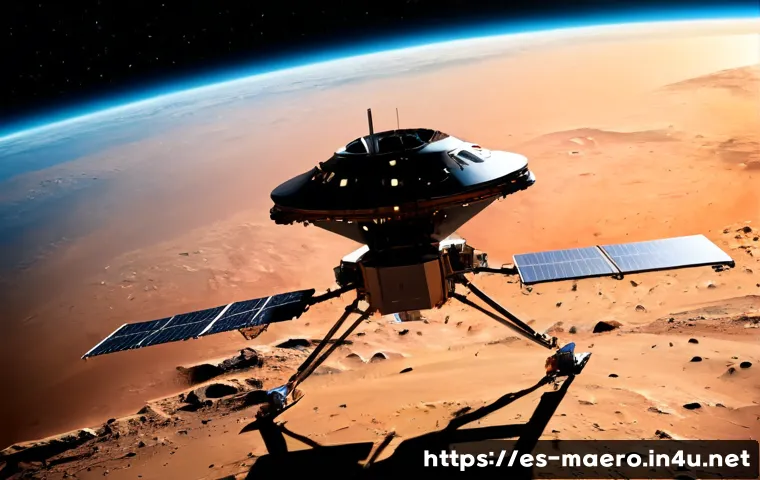 Home 17 우주탐사 기술 - Photorealistic deep-space exploration scene, a sleek unbranded robotic spacecraft with articulated i...