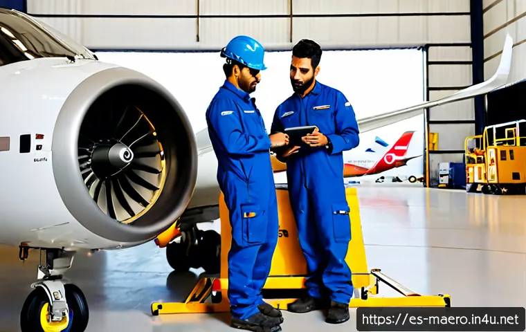 항공기 정비 절차 - Photorealistic commercial aircraft maintenance procedure, two Hispanic aviation technicians in clean...
